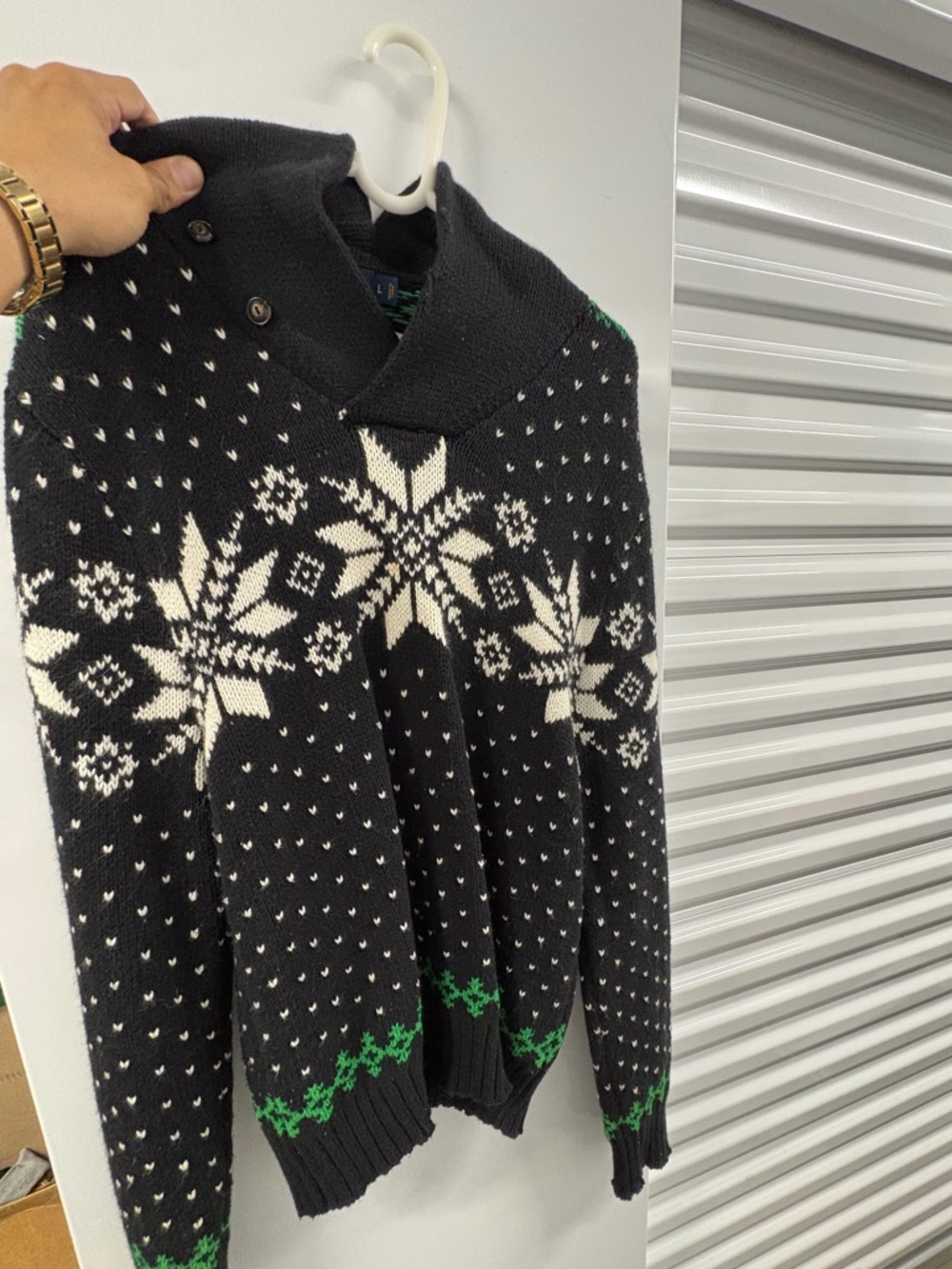 Polo by Ralph Lauren Black Fair Isle V-Neck Shawl Collar Sweater with Green Trim